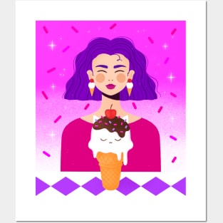 Happy girl with purple hair and kitty ice cream, version 1 Posters and Art